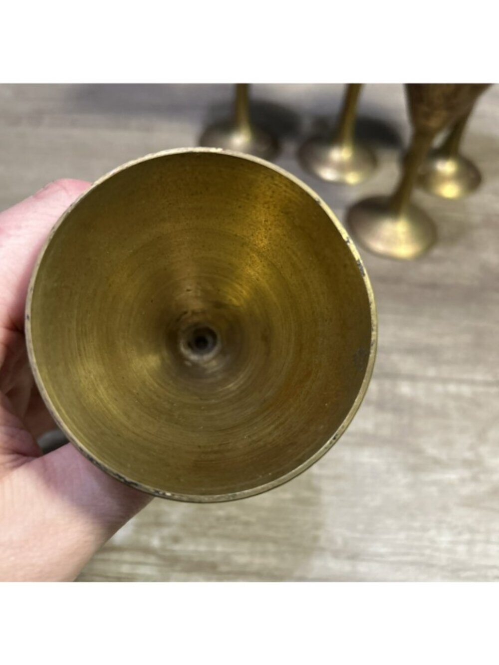 Set Of 5 Brass Goblets Hand-Etched Decorative Red Detailing Vintage Drinkware - Picture 5 of 9